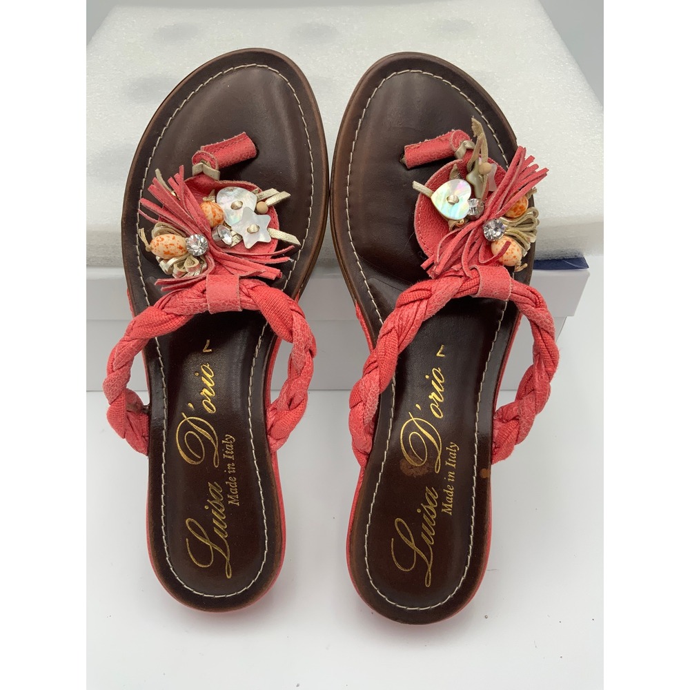 Luisa D'orio Italy Womens Coral Pink Leather Braided Tassel Shell Sandals Size 7